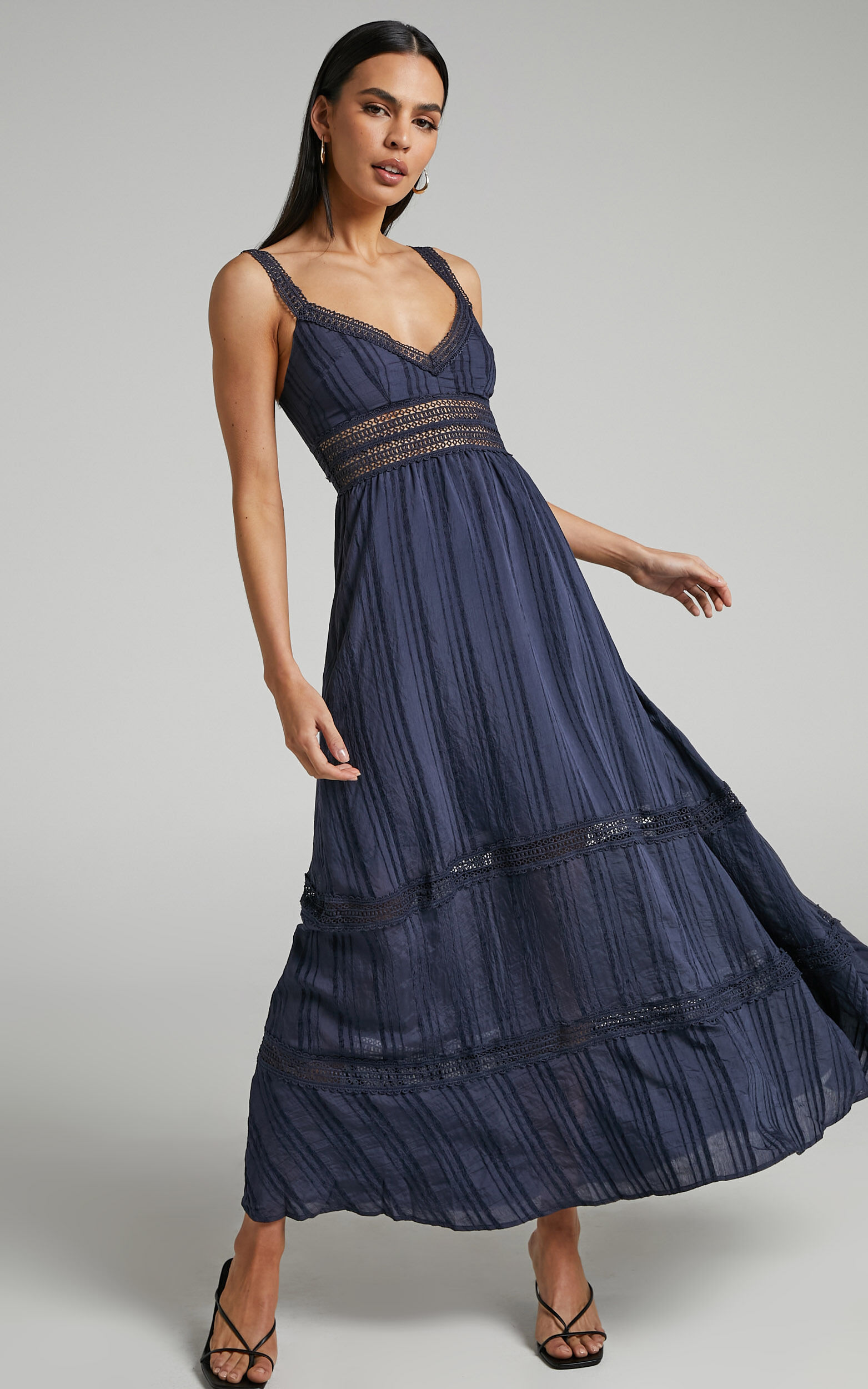Angelique Maxi Dress - Lace Trim Dress in Navy - 04, NVY1