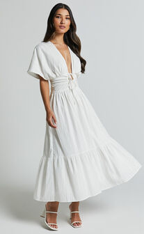 Colette Midi Dress - Short Sleeve Plunge Neck Tie A Line Dress in White
