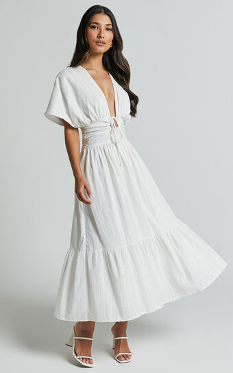 Colette Midi Dress - Short Sleeve Plunge Neck Tie A Line Dress in White 