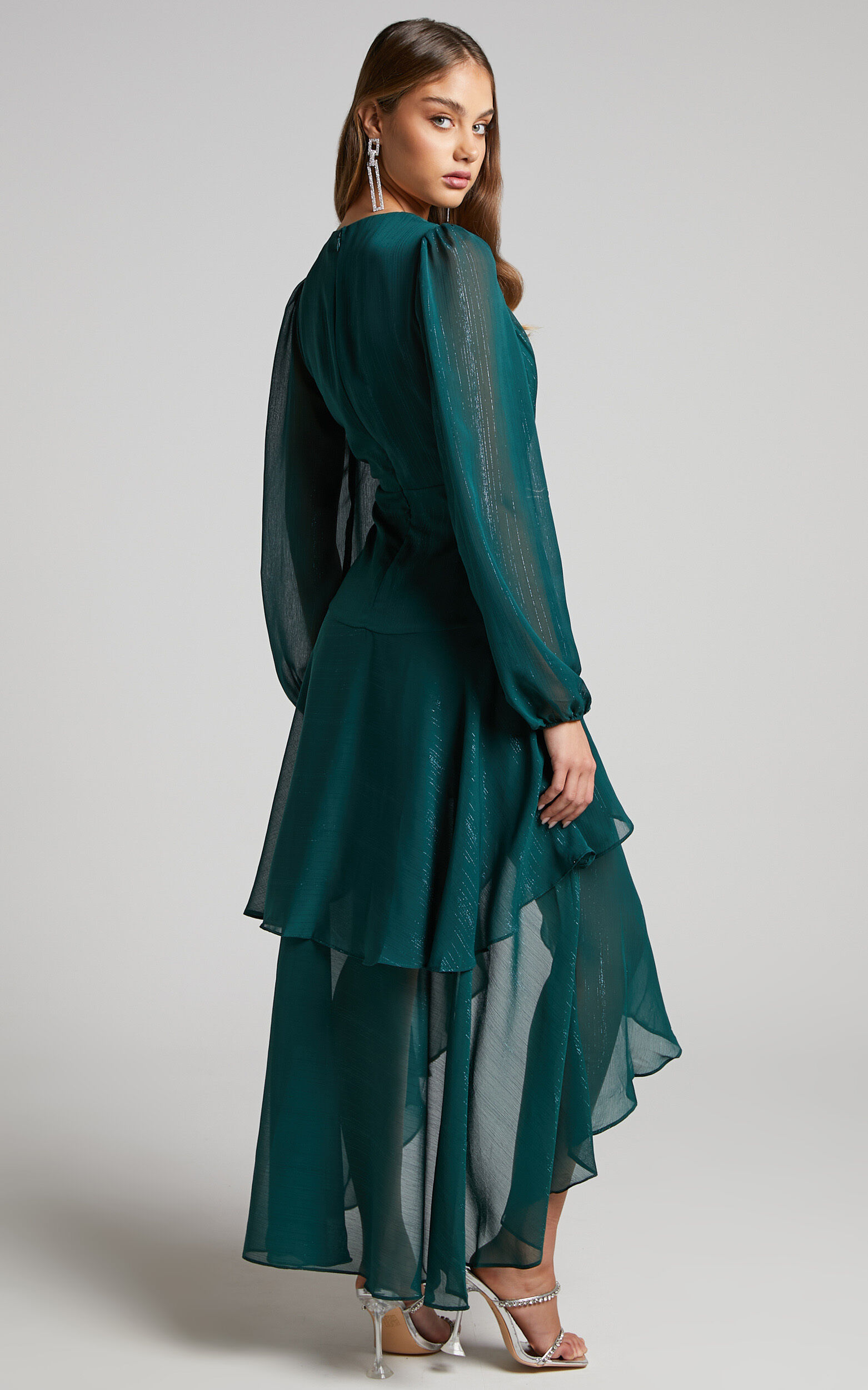 Claudita Midi Dress Long Sleeve High Low Hem Dress in Emerald
