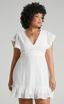 Once Upon A Daydream Mini Dress - V Neck Lace Trim Dress in White