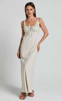 Lucas Midi Dress - Ruched Bust Linen Look Dress in Natural