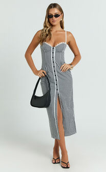 Anessa Midi Dress - Button Front Bustier Fitted Dress in Black