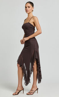 Constantina Midi Dress - Asymmetric Ruffle Tie Back Dress in Dark Chocolate