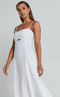 Amalie The Label - Carietta Linen Blend Strappy Sweetheart Cut Out A Line Midi Dress in White
