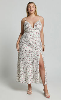 Elle Midi Dress - Ruched Bust Tie Strap Dress in White Floral