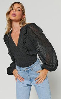 Black Bodysuit Top with Velvet Polka Dots on Large Ruffle and