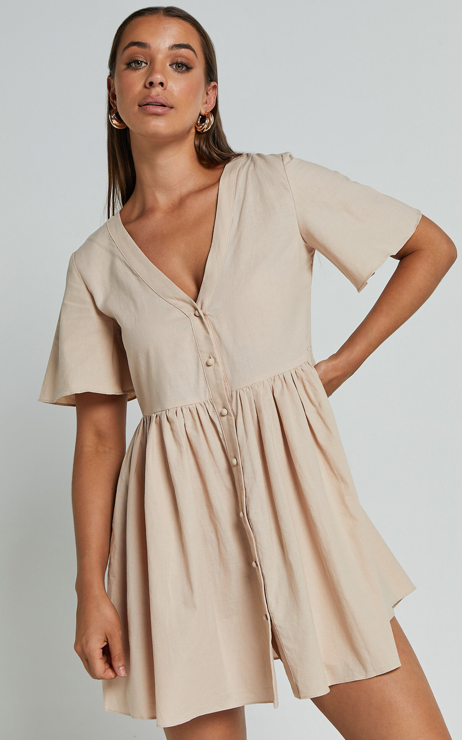 Beige button up dress sales