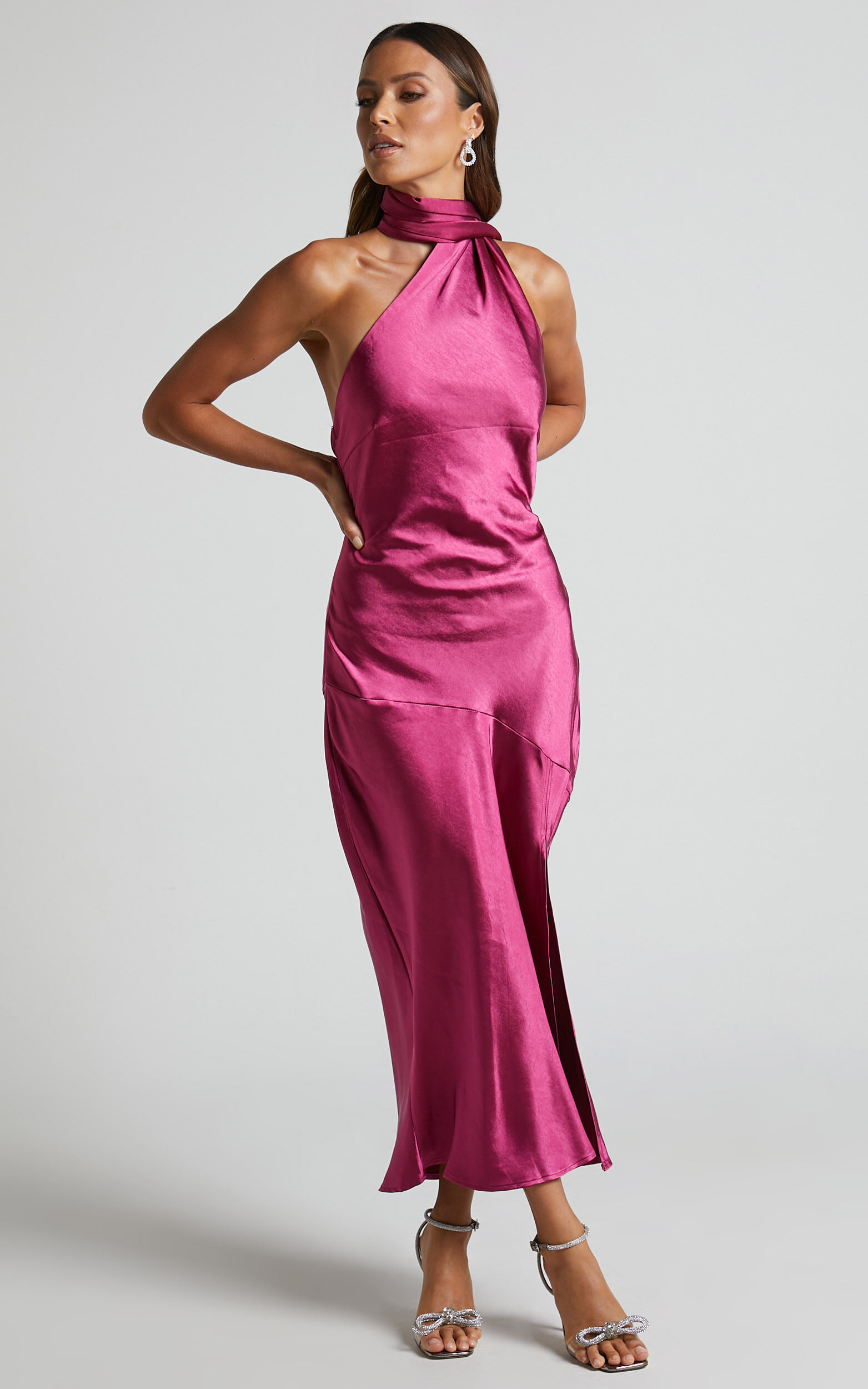 Evana Midi Dress - High Asymmetrical Neck Satin Slip Dress in FUSCHIA ...