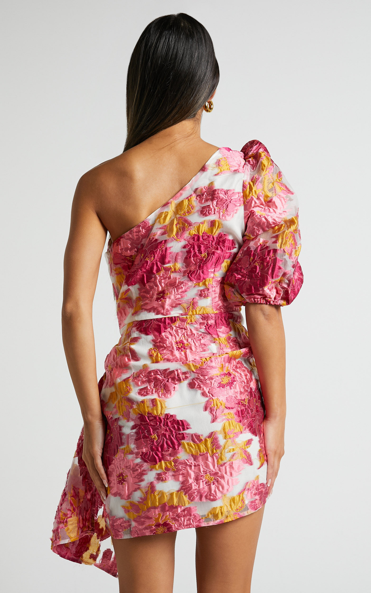 Brailey Mini Dress - One Shoulder Puff Sleeve Dress in Pink