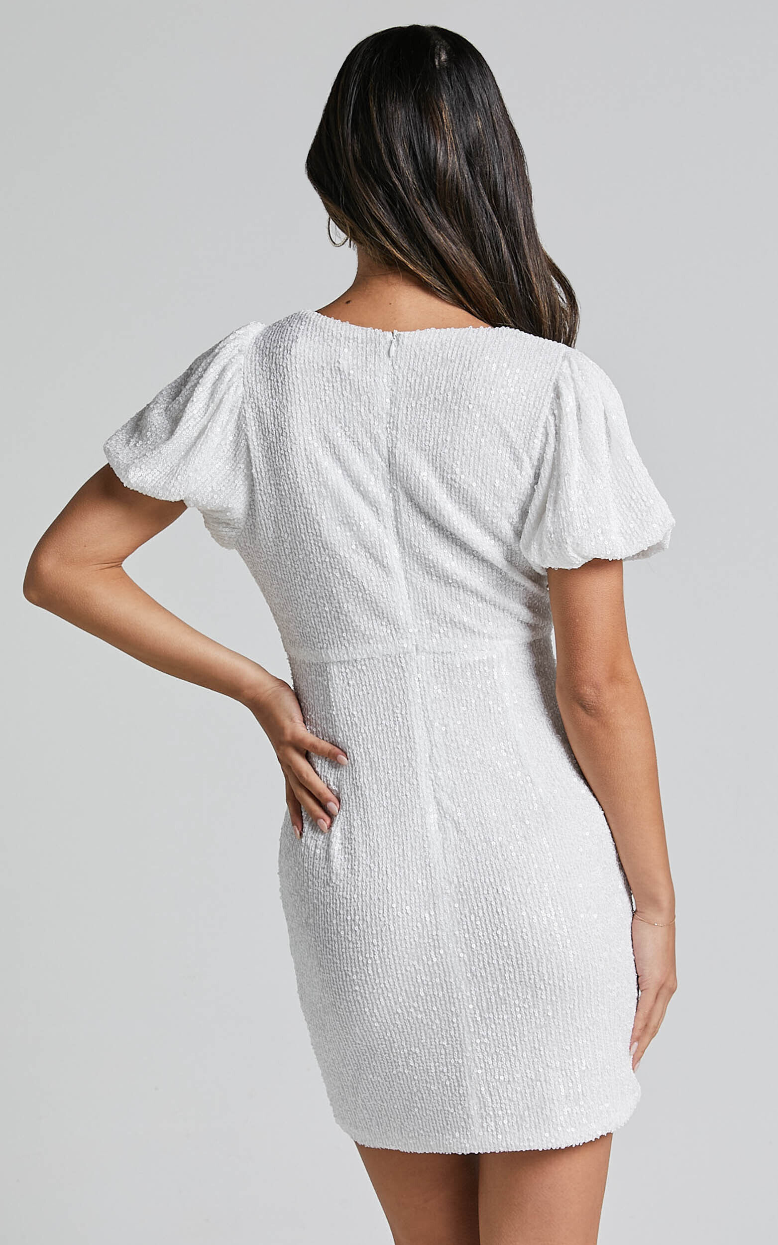 Cleonna Mini Dress - Short Puff Sleeve Plunge Neck Sequin Bodycon in White | Showpo NZ