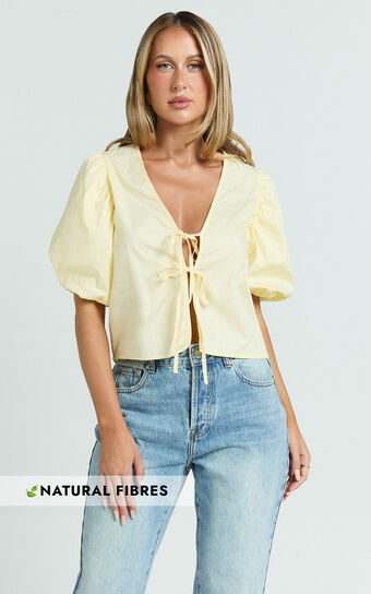 Dana Top - Bow Tie Front Puff Sleeve Blouse in Lemon Showpo