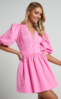 Zandra Mini Dress - Puff Sleeve Poplin Dress in ICE PINK