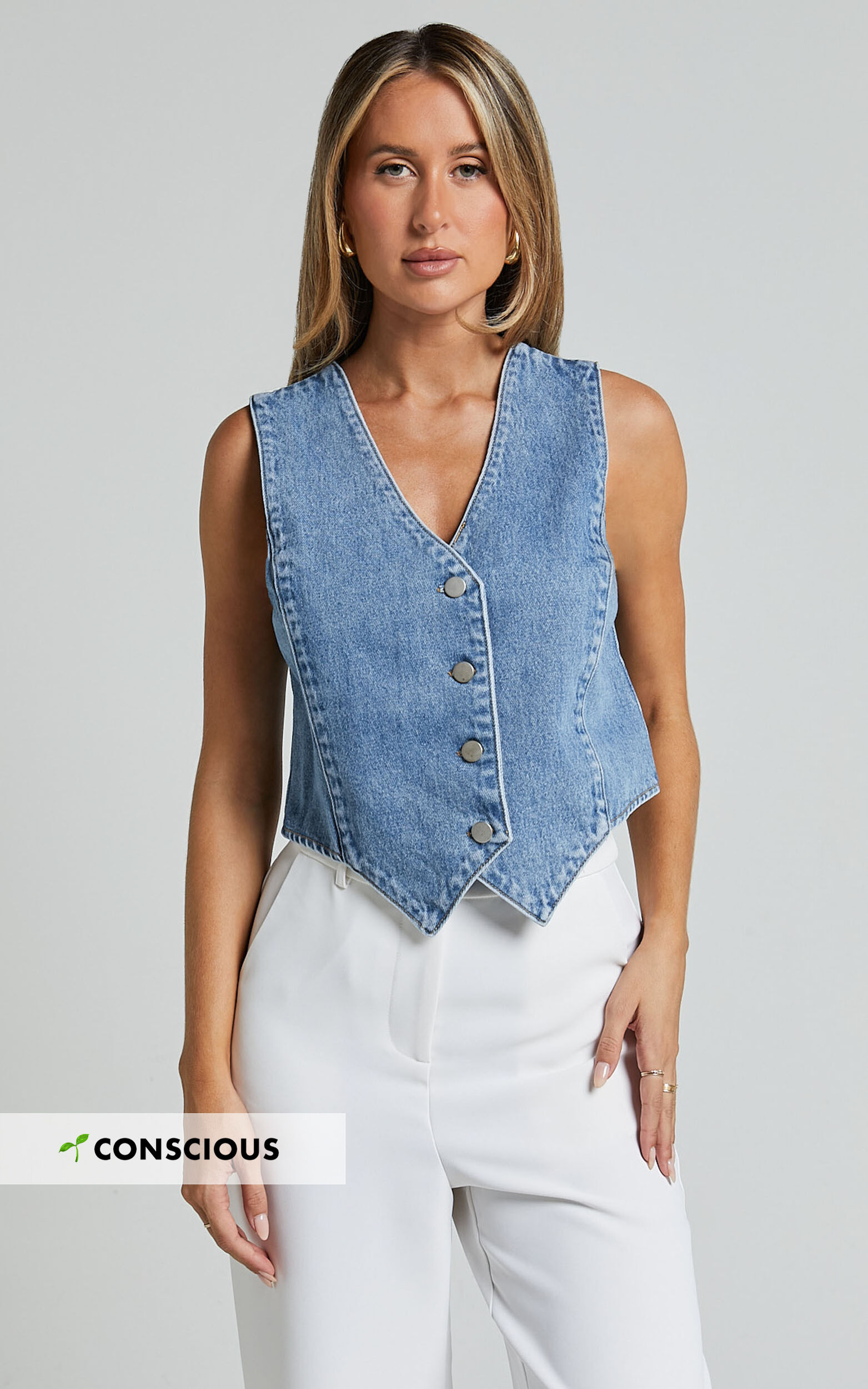 Adriene Top - Button Through Denim Vest in Mid Blue Wash - 06, BLU1