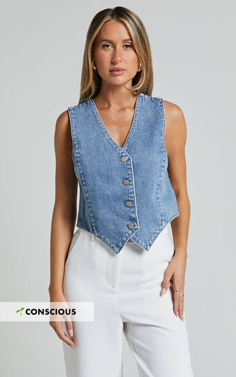 Adriene Top - Button Through Denim Vest in Mid Blue Wash