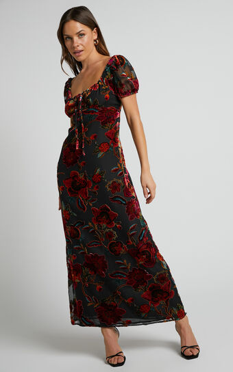 Natachia Midi Dress - Puff Sleeve Burnout Dress in Black Floral