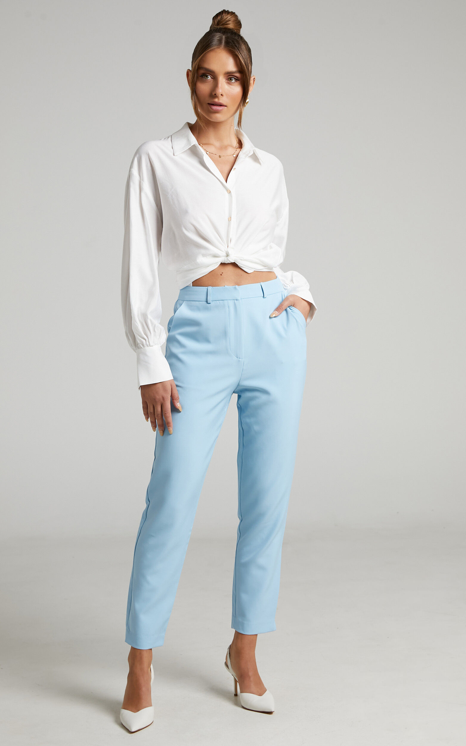 Hermie Pants - High Waisted Cropped Tailored Pants in Light Blue