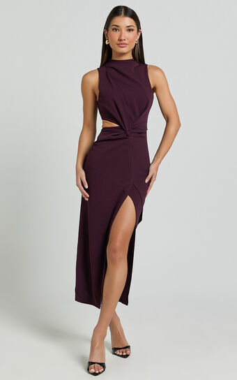 Millie Midi Dress - Front Twist Cut Out Thigh Split Dress in Plum