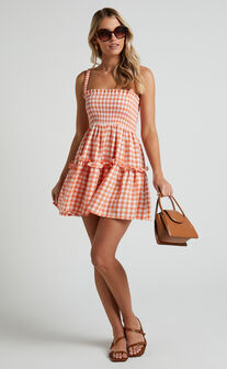 Wilda Mini Dress - Shirred Tiered Dress in Orange