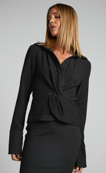 Althea Top - Knot Front Long Sleeve Top in Black
