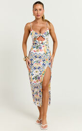 Janice Midi Dress - Knot Detail Front Split Dress in Positano Print ...