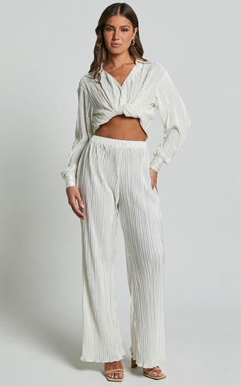 Beca Pants - High Waisted Plisse Flared Pants in Cream Showpo