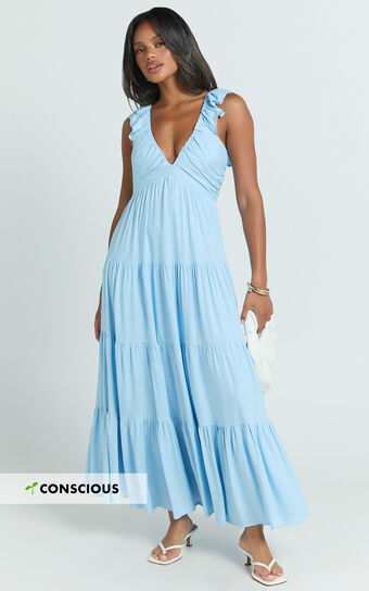 Nicollee Midi Linen Blend Dress - Plunge Neck Sleeveless Tiered Dress in Blue