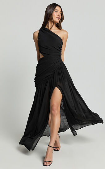 Darcy Maxi Dress - One Shoulder Side Cut Out Gathered Dress in Black