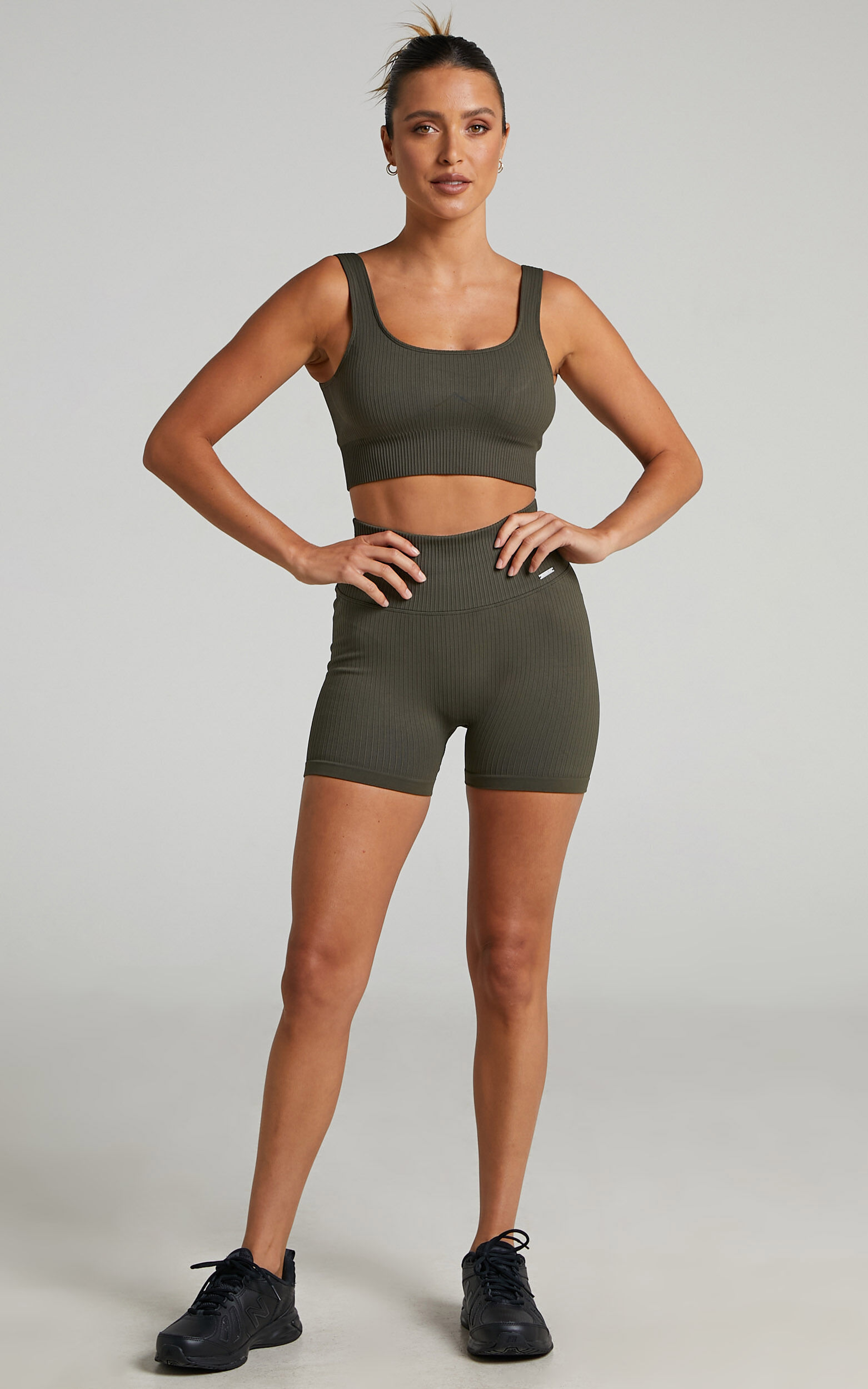 Aim n RIBBED MIDI BIKER SHORTS in Khaki Showpo