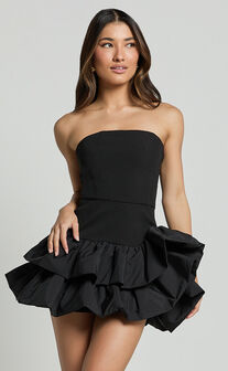 Beatrice Mini Dress - Contrast Strapless Ruffle Tiered Dress in Black