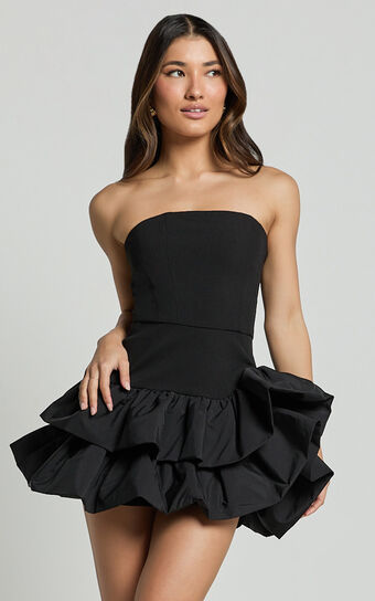 Beatrice Mini Dress - Contrast Strapless Ruffle Tiered Dress in Black