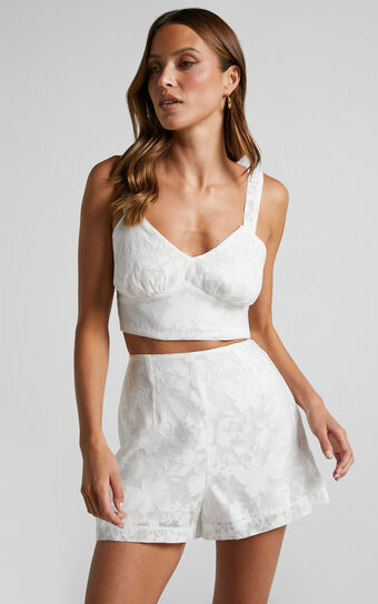 Jammae Two Piece Set - Bustier Crop Top and Shorts Set in White