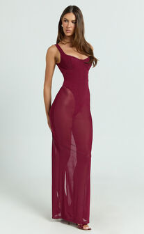 Laney Maxi Dress - Mesh Sweetheart Neck Bodycon Dress in Wine