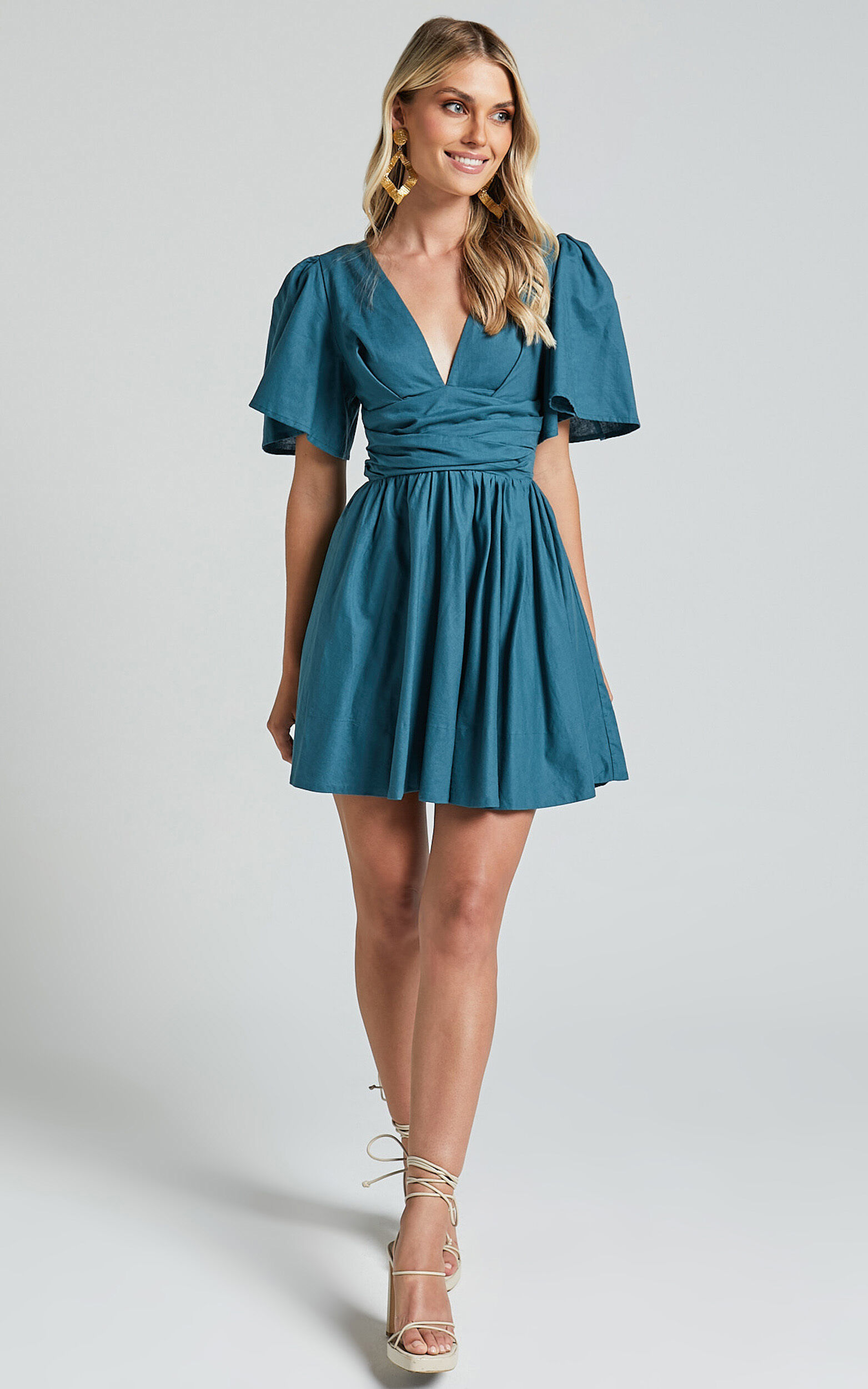 Amalie The Label - Chamika Linen Blend Plunge Open Tie Back Mini Dress in  Teal