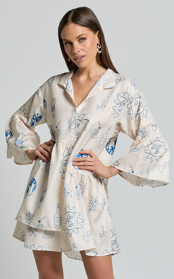 Charlene Mini Linen Blend Dress - V Neck 3/4 Sleeve Shift Mini Dress in Blue Print