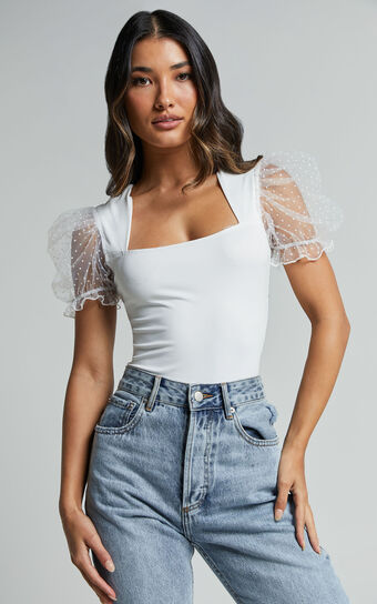 Briggs Bodysuit - Sheer Puff Sleeve in Ivory