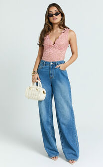 Antonia Top - V Neck Lace Detail Top in Pink