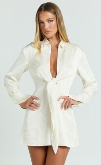 Paola Mini Dress - Tie Front Collared Skirt Dress in Off White