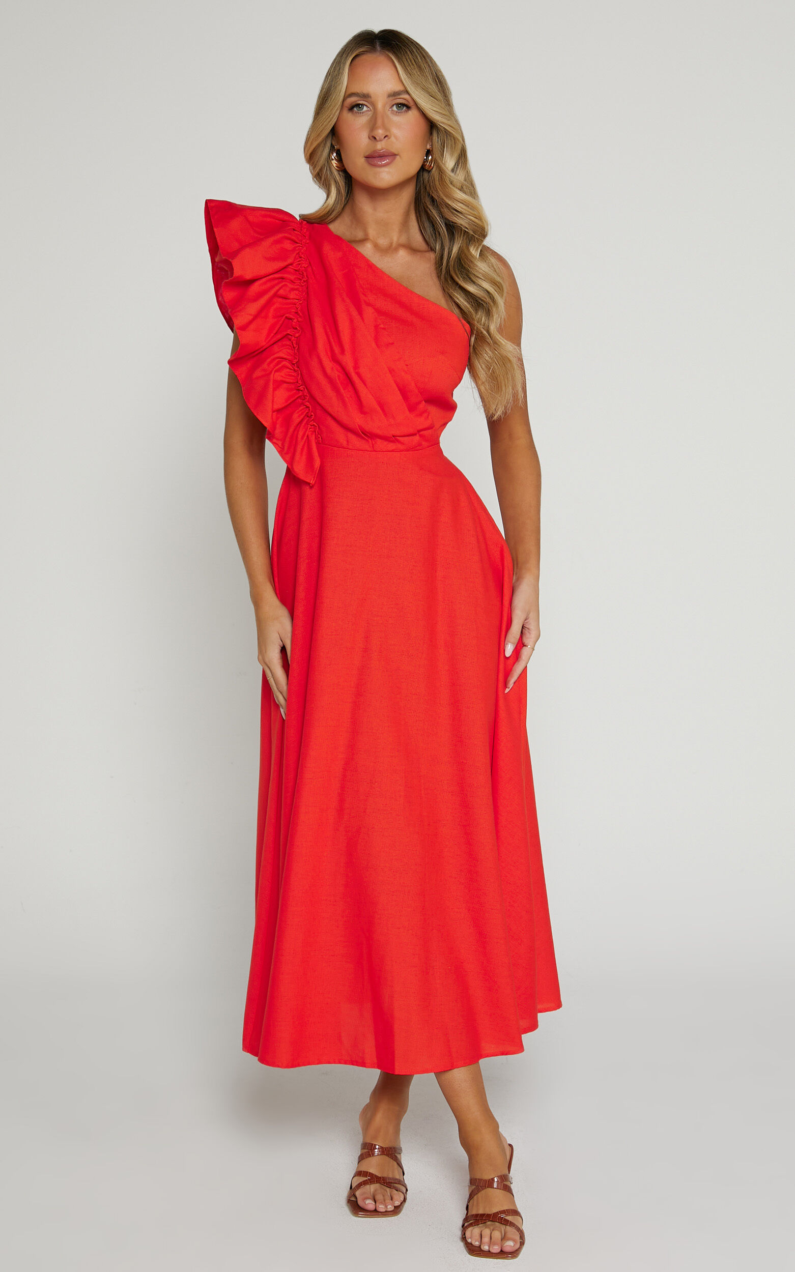 Ruffle one shoulder midi dress online