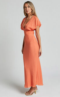 Desiree Maxi Dress - V Neck Flutter Short Sleeve Slip Dress in Orange