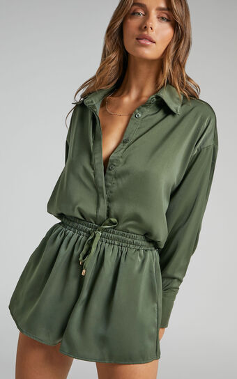 Azurine Shorts - Elastic Waist Satin Shorts in Olive
