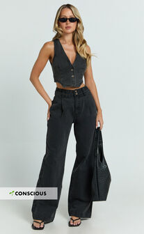 Fergie Jeans - Denim High Waisted Straight Leg Denim Jeans in Washed Black