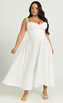 Jonas Midi Dress - Ruched Corset Lace Trim Dress in Ivory