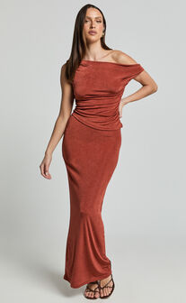 Andre Two Piece Set - One Shoulder Asymmetric Top and Gathered Maxi Skirt Set in Burnt Orange