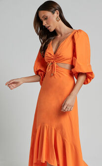 Djibouti Midi Dress - Puff Sleeve Cut Out Dress in Orange