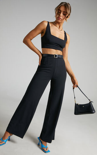 Elibeth Two Piece Set - Crop Top and High Waisted Wide Leg Pants Set in Black