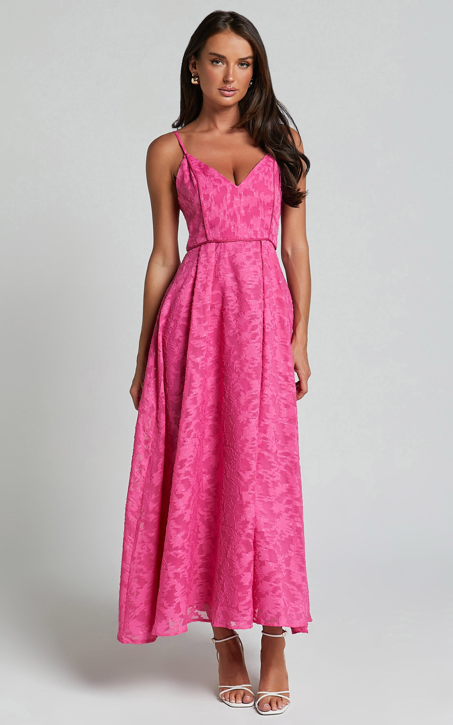Philine Midi Dress Jacquard Plunge Fit and Flare Dress in Pink Showpo EU