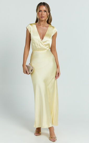 Hailey Maxi Dress - Cap Sleeve V Neck Dress in Lemon