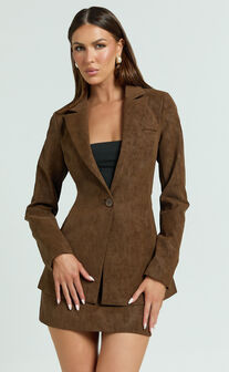 Gretchen Blazer - Slim Fitting Single Breasted Faux Suede Blazer in Brown
