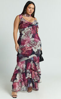 Riley Maxi Dress - Asymmetric Ruffle Detail Maxi Dress in Mariache Rose